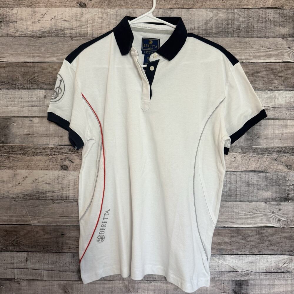 Beretta Polo Shirt Women's L White Blue Accents Short Sleeve Stretch Cotton
